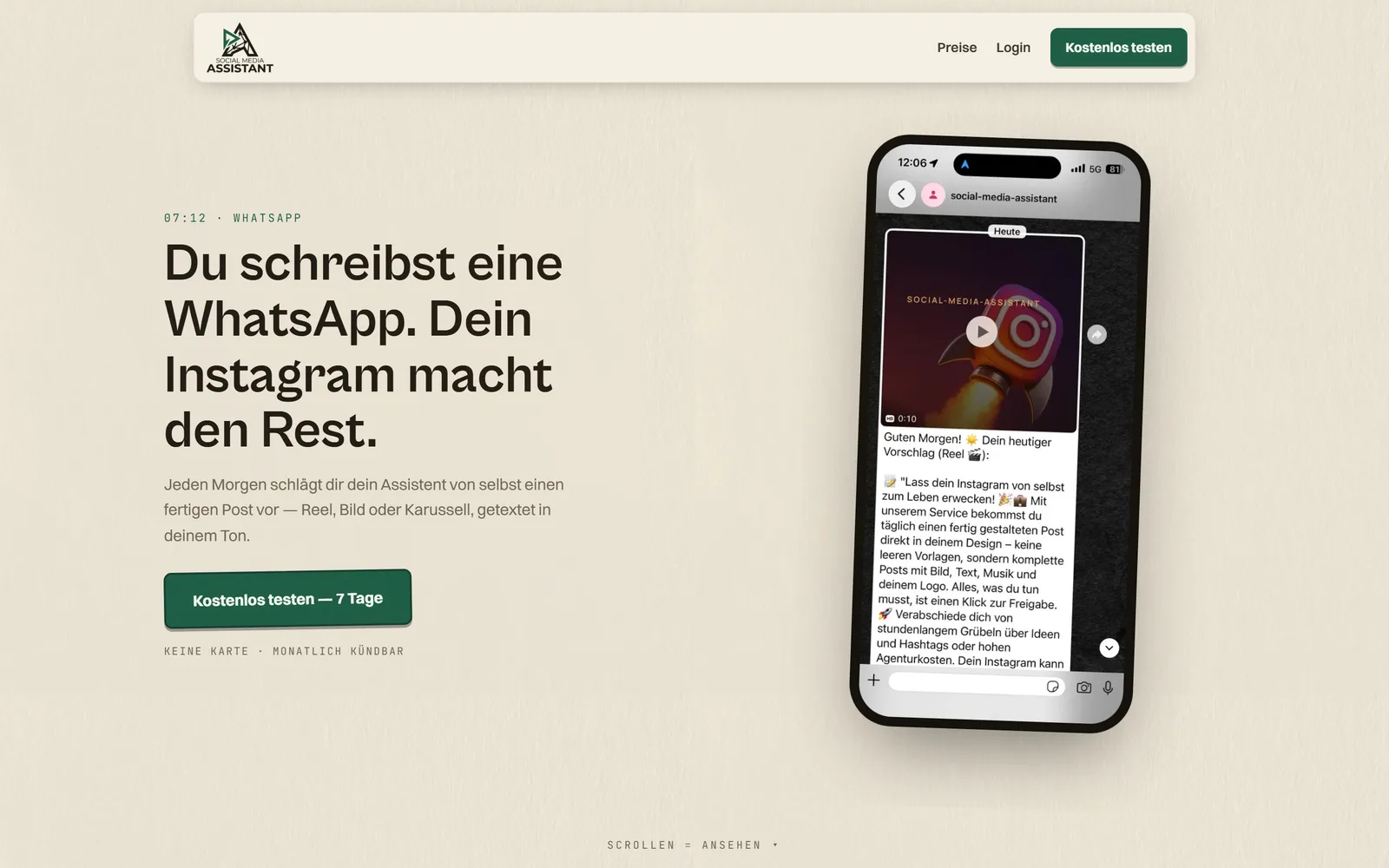 Screenshot der Social Media Assistant Website